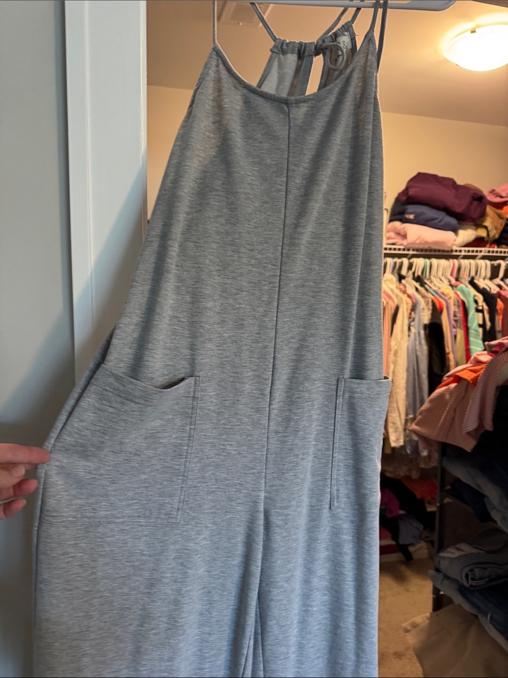 Sleeveless Gray Wide-Leg Jumpsuit with Front Pockets